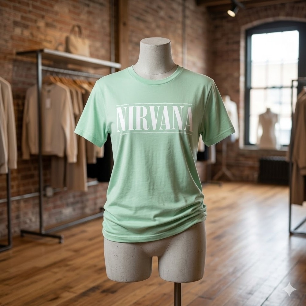 NWOT Nirvana Graphic T-Shirt Mens Medium Mint Green Smiley Face Logo Band Tee